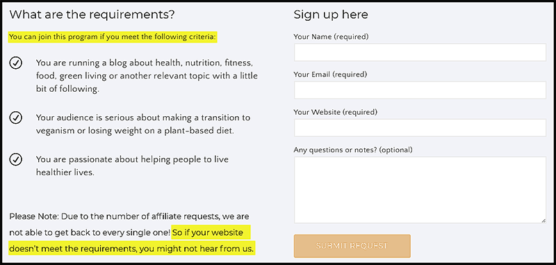 affiliate marketing examples of sign up criteria