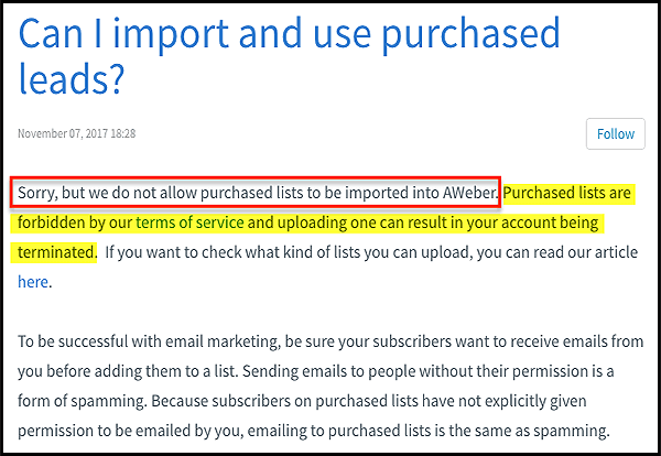 companies like aweber, campaign monitor, sendinblue and salesforce won't allow uploading purchased lists