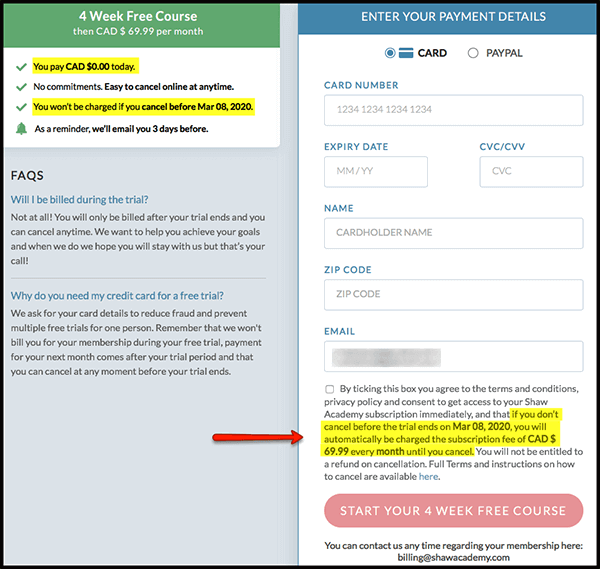 shaw academy sign in requires credit card